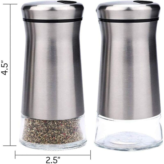 Stainless Steel Salt and Pepper Shaker with Glass Bottom and Adjustable Pouring Holes