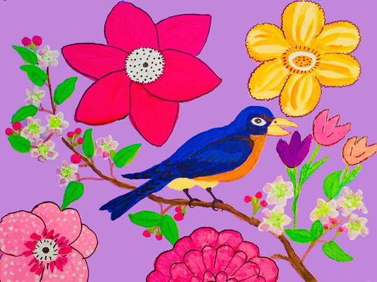 Original Acrylic Bird Painting, Spring Flowers, 4 Seasons, Bright Nature Painting, Set Of 4 Birds, Animal Wall Decor, Bird Paint, Kids Room Decor