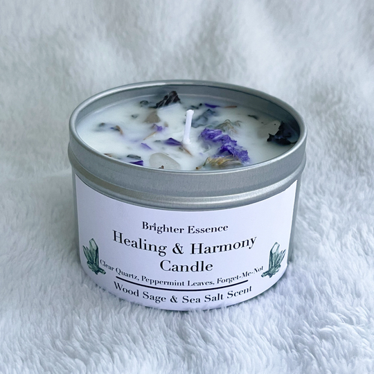 Healing & Harmony Candle 8Oz | Clear Quartz, Peppermint Leaves, & Forget-Me-Not's Infused Wood Sage Sea Salt Scent