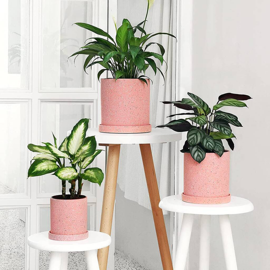 Set Of Three Pink Ceramic Planters With Saucers