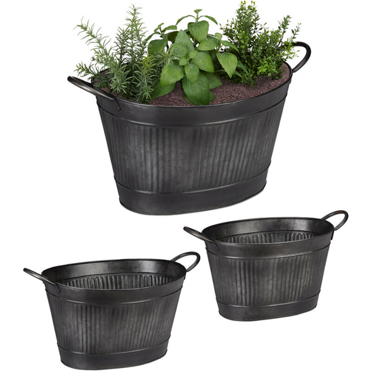 Metal Tub Set Of 3, Oval Planters In Zinc look, Waterproof, Garden,Vintage, 12, 18 & 22 l, Dark Grey - Relaxdays