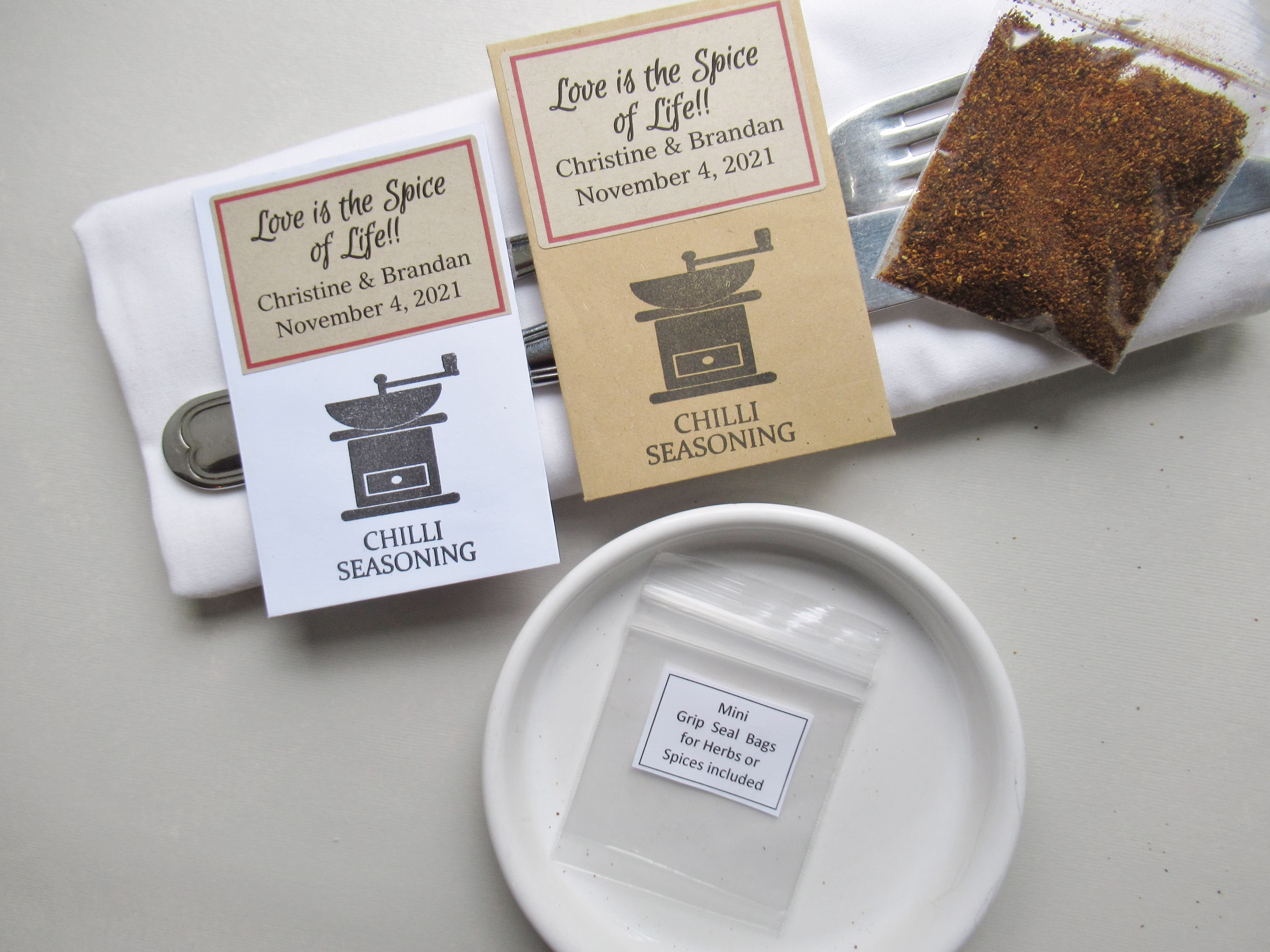Fun Chilli Spice Favors, Love Is The Of Life, Wedding & Engagement Party Gifts For Guests, Handprinted Mill, Your Names & Date