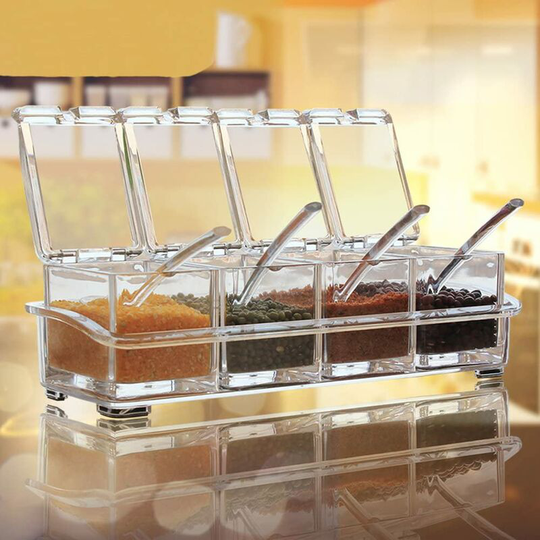 Seasoning Clear Spice Jars, 4 Pieces Acrylic Seasoning Box, Storage Box Condiment Jars - Cruet with Lid and Spoon