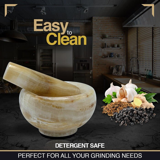 Banded Orange Onyx Mortar & Pestle Set With Anti Scratch Pad | Perfect For Spices, Herbs, Seasonings 1 Cup-Capacity Detergent Safe