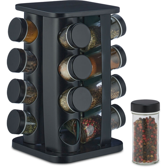 Relaxdays - Spice Rack, 16 Glass Jars, Rotatable, Stainless Steel, h x w x d: 27.5 x 20 x 20 cm, Black