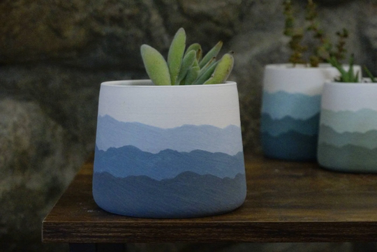Blue Mountain Ridges - Handmade Ceramic Pottery Planter Succulent Pots With Saucer, Mountains Blues White Apartment Plant Indoor Home Decor