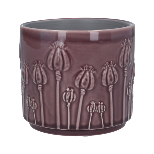 Purple Plant Pot Cover - Flower Pattern Planter Glazed Ceramic Holder Embossed Poppy Heads Indoor House