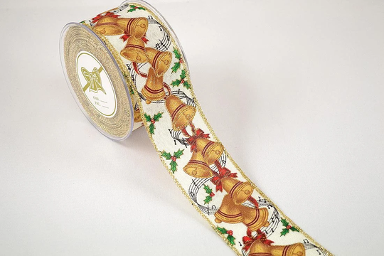 Wired Christmas Ribbon With Gold Bells, Black Staffs & Mistletoes, Musical Themed Trim, Seasonal Holiday Decoration Supply