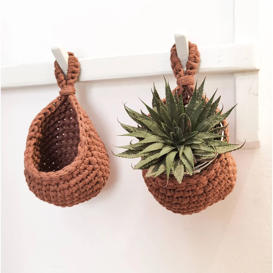 Dark Beige Hanging Planters Set Of 2, Succulent Planter, Air Plant Holder Hanger, Crochet Wall Basket Pot