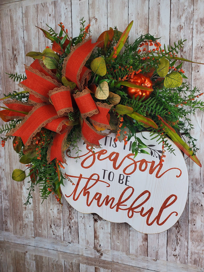 Season Of Thankfulness Wreath With Pumpkins & Leaves, Thanksgiving Decor, Autumn Wreath, Fall For Front Door Home Decor