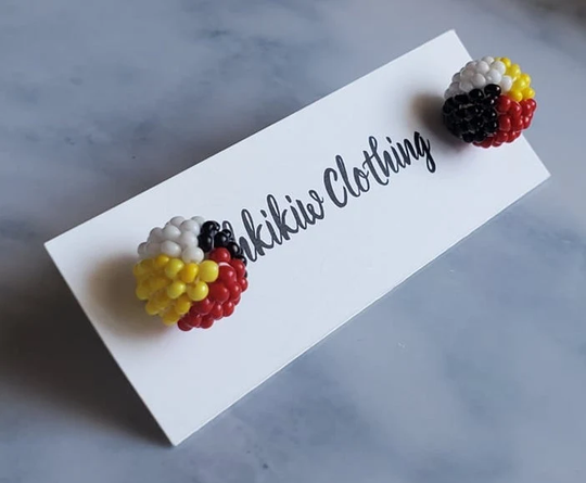 Medicine Wheel Stud Earrings, Ball Indigenous, First Nations, Beaded Jewelry, Round, Circle