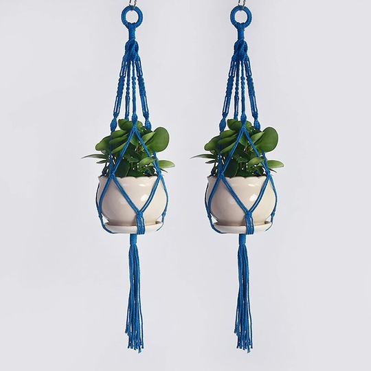 Set of 2 macrame plant hangers, handmade cotton rope hanging planters, flower pot holders, indoor plant hangers - blue