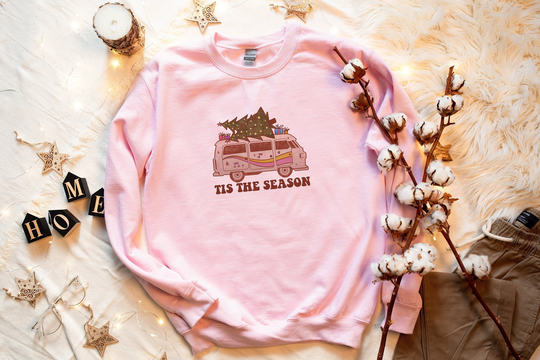Tis The Season Campervan Christmas Crewneck Sweatshirt - Pink Cute Sweatshirt, Unisex Sweater Uk, Retro Funky Xmas Tree Jumper