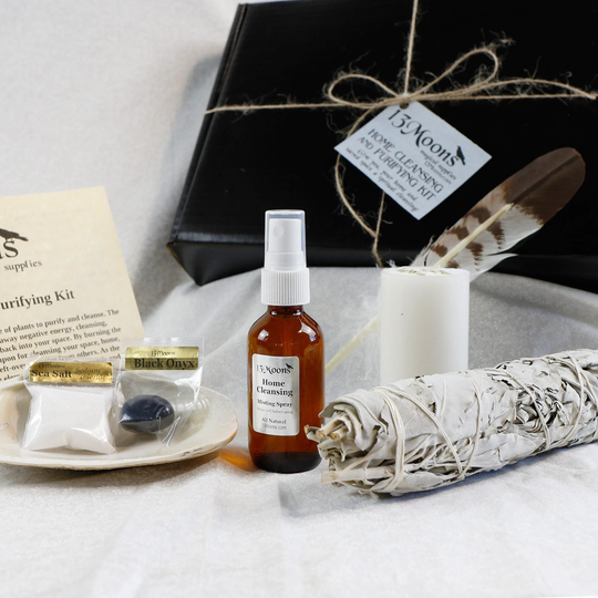 Home Cleansing & Purifying Kit, Handmade, Instructions, White Sage, Candle, Sea Salt, Essential Oils, Feather, Gemstone