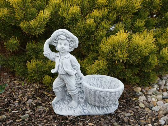 Statue Planter Outdoor For Patio Decor. Concrete Handmade Bust As Garden Gifts. Outdoor Gardening Decor Statue Boy
