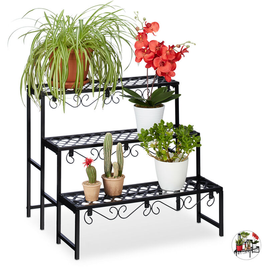 Relaxdays - Metal Flower Rack, Plant Shelf, 3 Tiers, Rectangular, Garden Plant Stand for Garden, Balcony or Patio, Black