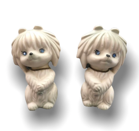 Vintage Bisque Puppies With Rhinestone Eyes Salt Pepper Shakers Green Circa 1960's