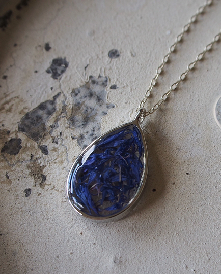 Cornflower Petals Herbal Nature Resin Teardrop Pendant Necklace Real Dried Flowers Jewelry Sterling Silver Chain