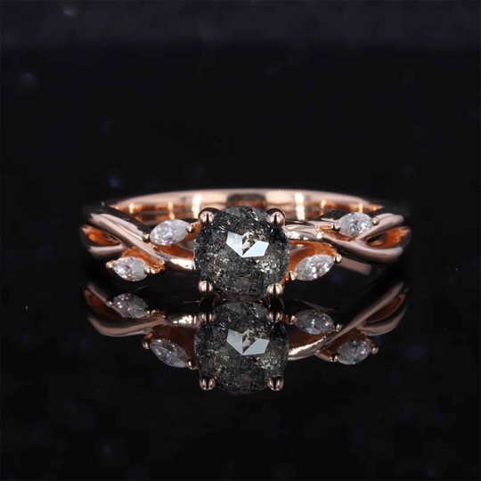 Salt & Pepper Diamond Marquise Engagement Ring | Split Shank Dainty Wedding Bridal Art Deco Vintage Anniversary