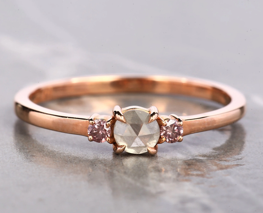 Salt & Pepper Diamond Ring, Pink Round Rose Cut Engagement 14K Gold Gift For Her