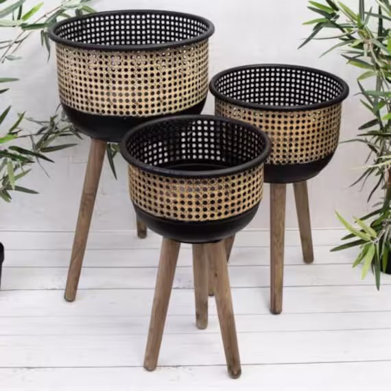 Black & Cream Rattan Rustic Indoor Metal Planters Wooden Legs Stand Home Decor