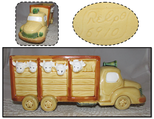 Vintage Ceramic Farmers Cattle Truck Planter By Relpo, Model 6910