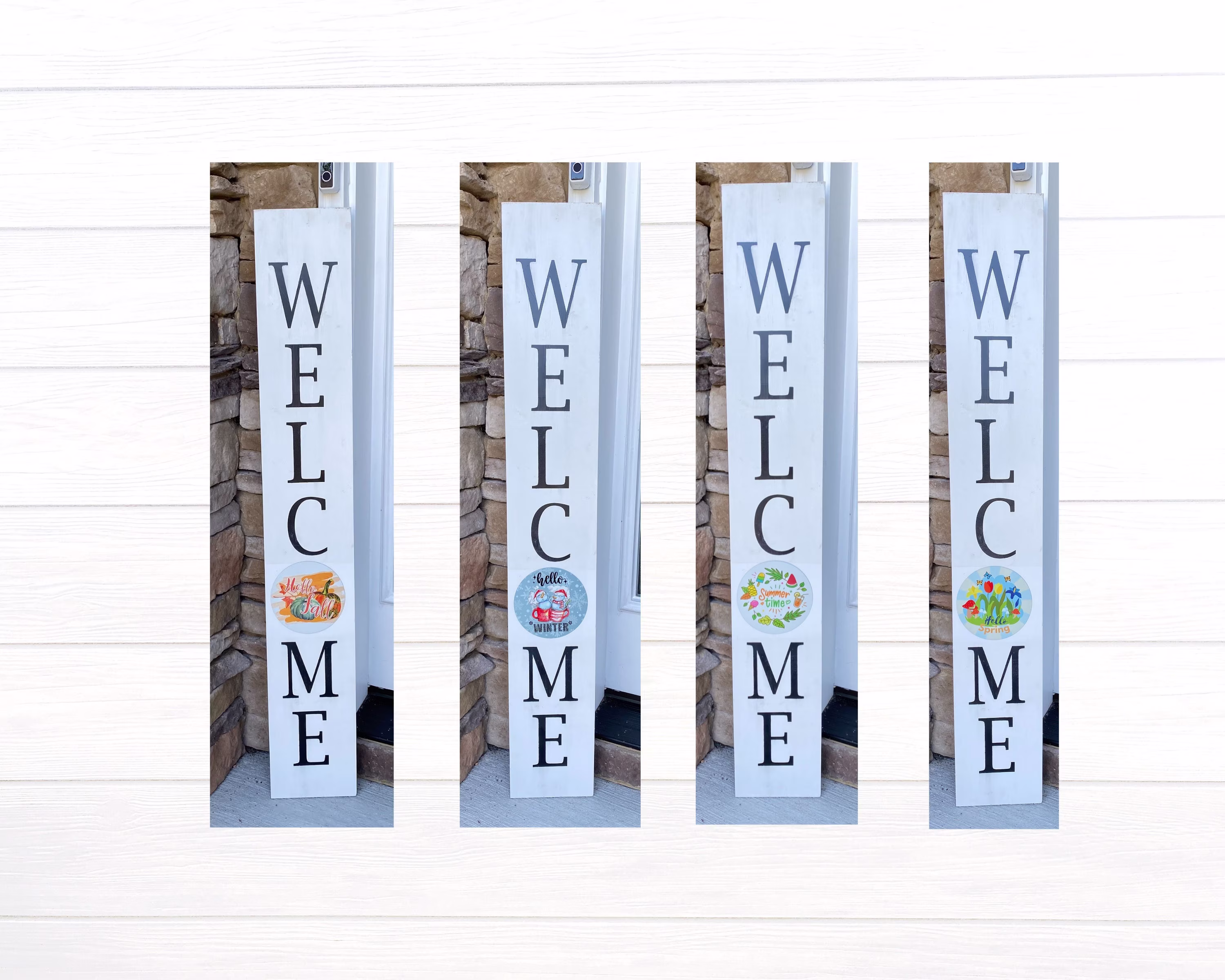 Interchangeable Welcome Sign, Painted Wood Porch Board For All Seasons, Leaner With Metal Discs Four Seasons