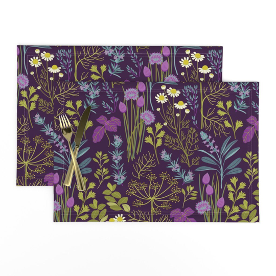 Herb Garden Placemats | Set Of 2 - Herbs By Cjldesigns Modern Botanical Green Purple Summer Fresh Kitchen Cloth Spoonflower