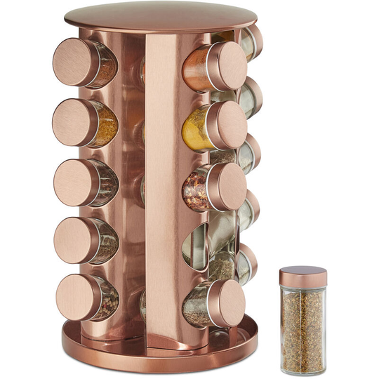 Relaxdays - Spice Rack, 20 Glass Jars, Rotatable, Stainless Steel, h x d: approx. 34 x 22 cm, Copper