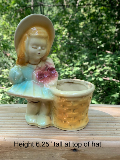 Vintage Ceramic Planter Girl in Bonnet With Basket Usa Pottery Shawnee