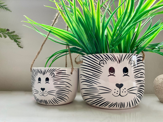 Set Of 2 Rocky Hanging Planter Pot Plant Ceramic With Rope - Animal Face