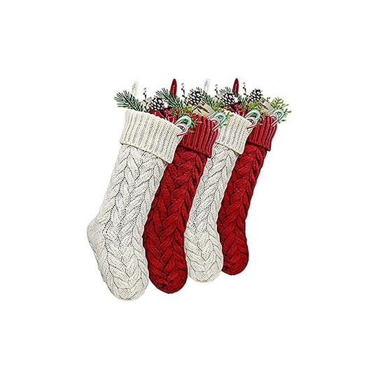 Heguyey - Set of 4 Large Knitted Christmas Stockings - Antique Seasonal Decor - Suitable for Family Holidays
