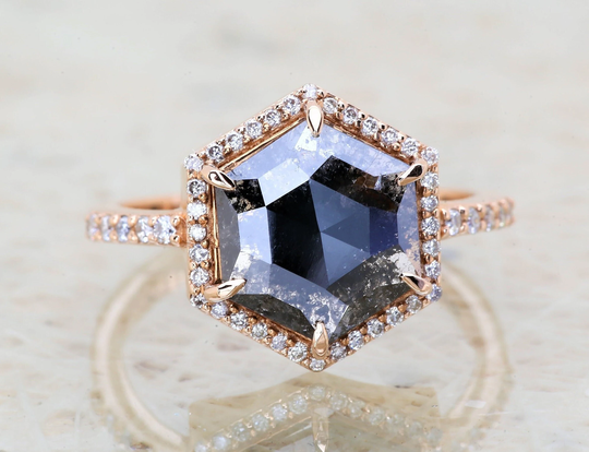 Salt & Pepper Diamond Ring, Hexagon Unique Engagement Rose Cut Geometric 14K Gold Wedding Ring