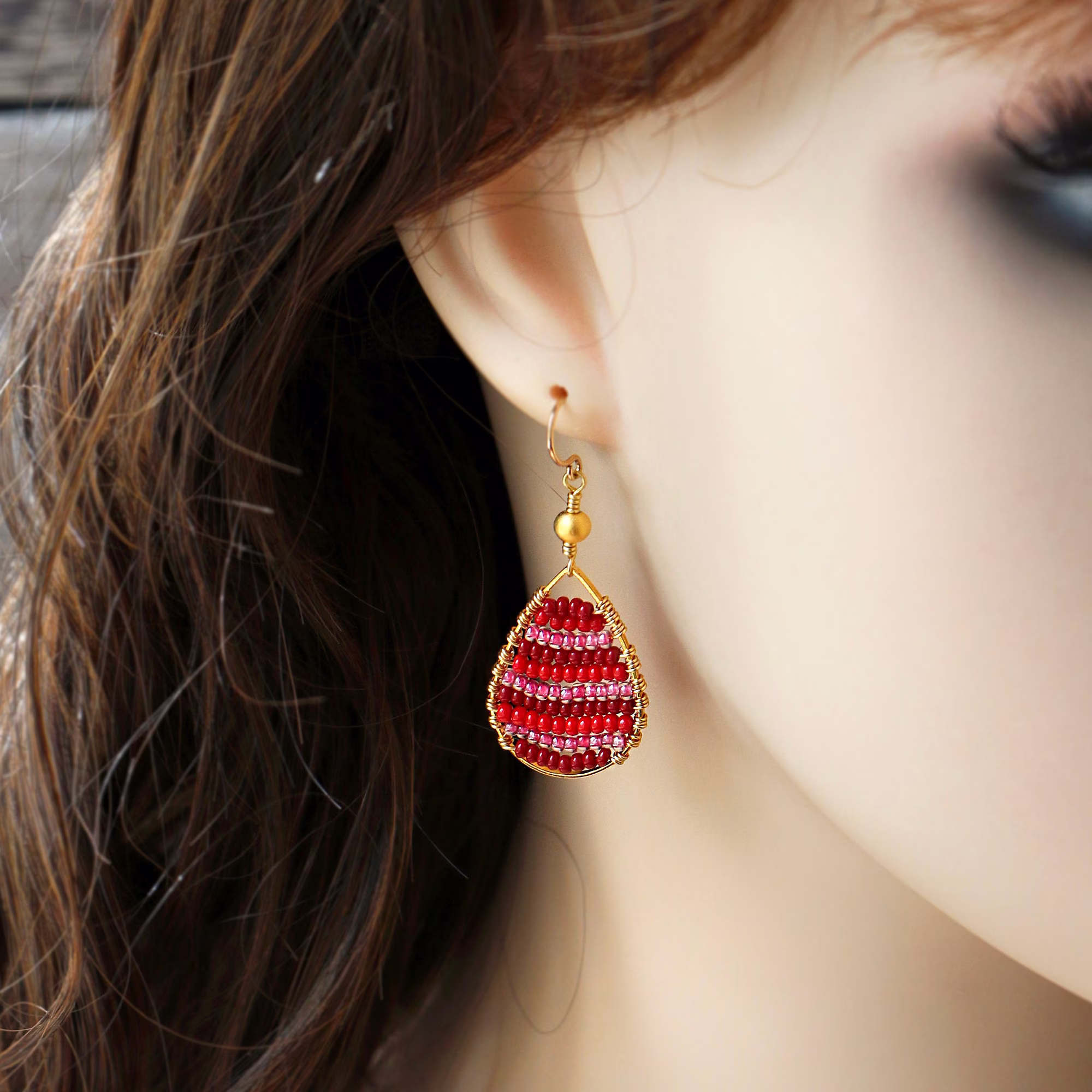 Red Beaded Earrings, Hoop Seed Bead Boho Inspired Jewellery