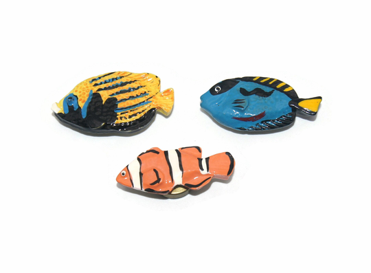 Vintage Set Of 3 Bright Multi Color Salt Water Fish Enameled Button Covers