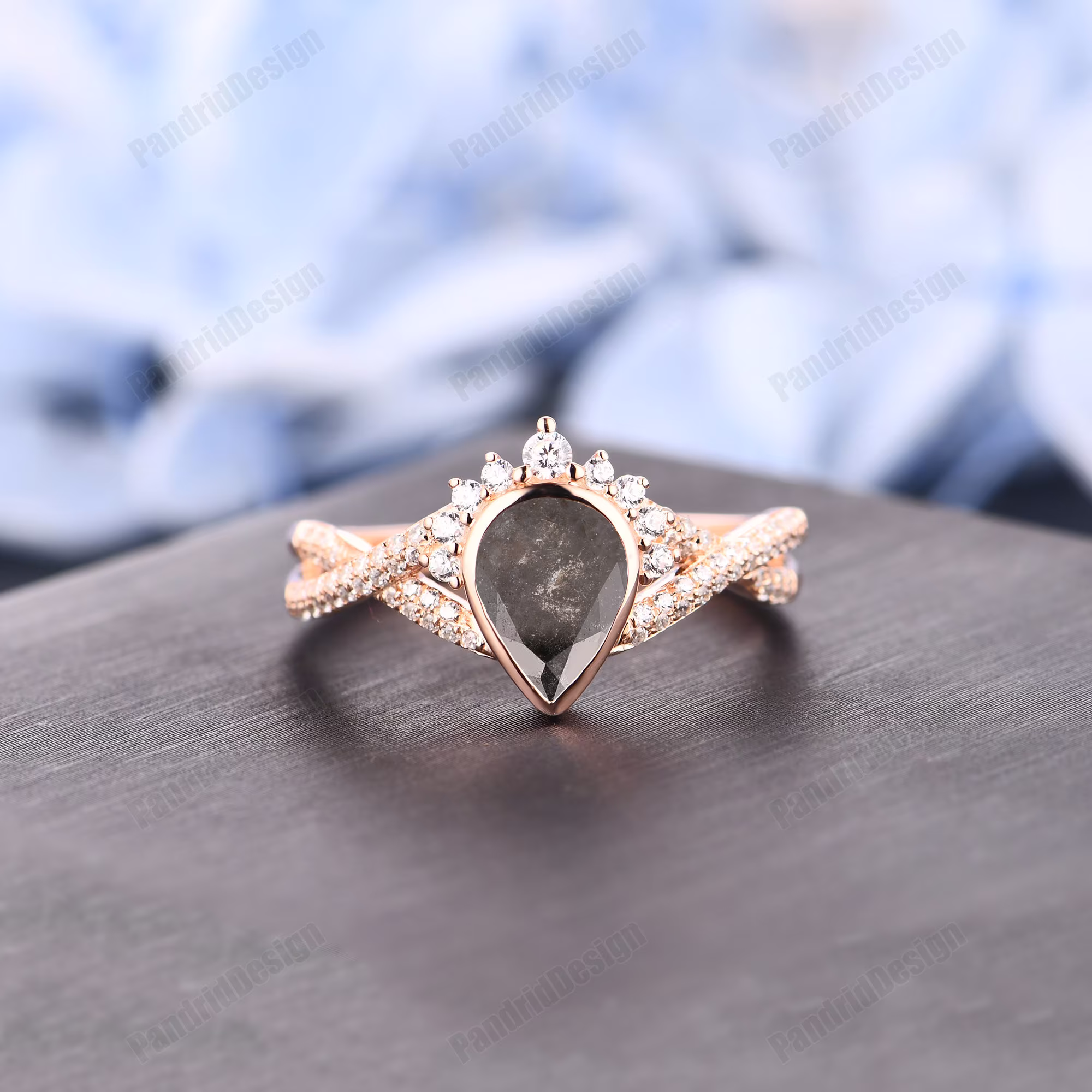 Anniversary Promise Ring, Vintage Salt & Pepper Diamond Engagement Ring Rose Gold Ring, 5x7mm Pear Shaped Bridal Ring, Art Deco