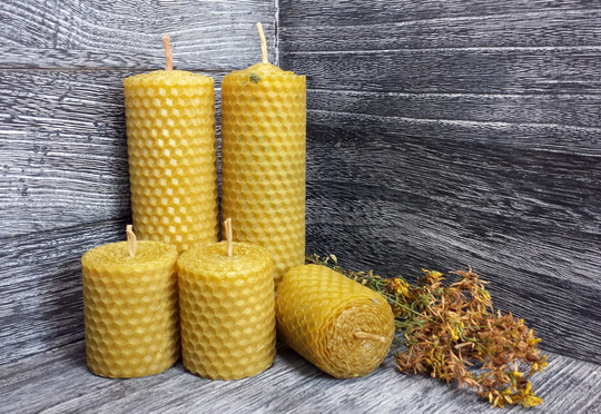 Bees Wax Candles -Honeycomb Pillar Candles - Bee With Flower