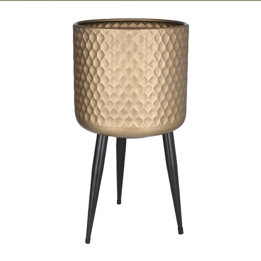 Large Gold Dimpled Metal Planter - Tripod Plant Pot On Stand With Legs Indoor House Bright