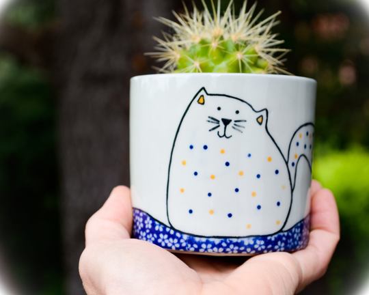 Kitty Cat Succulent Ceramic Planter Porcelain Handmade Cat Pottery Blue Pot, Lover Gift Animal Planter, Crazy Lady, Cat Plant Pot