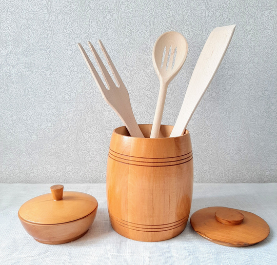 Kitchen Utensil Holder & Salt Cellar Wood/Vintage Wooden Farmhouse Kitchen Decor Set
