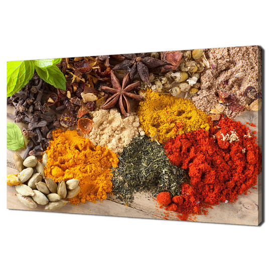 Green Tea, Colourful Herbs & Spices On Wooden Table Kitchen Modern Design Home Decor Canvas Print Wall Art Picture