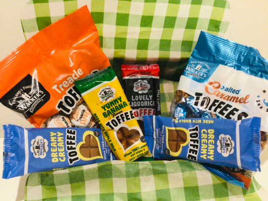 Toffee Assorted Box Of Toffees, Bags Salted Caramel, Treacle, Liquorice & Bars Banana, Cream & Licquorice Toffee, Gift Wrap, Tag