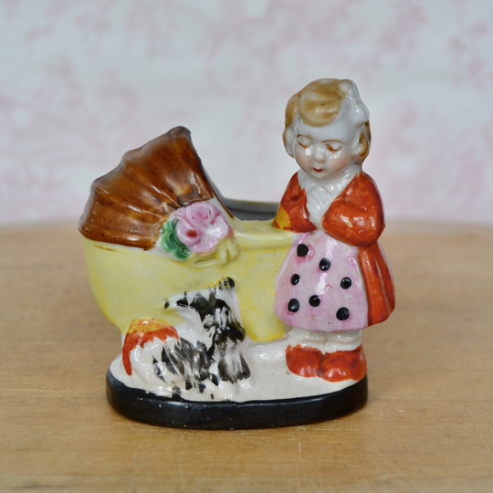 Vintage Ceramic Planter With Baby Carriage, Praying Girl & Dog Made in Japan