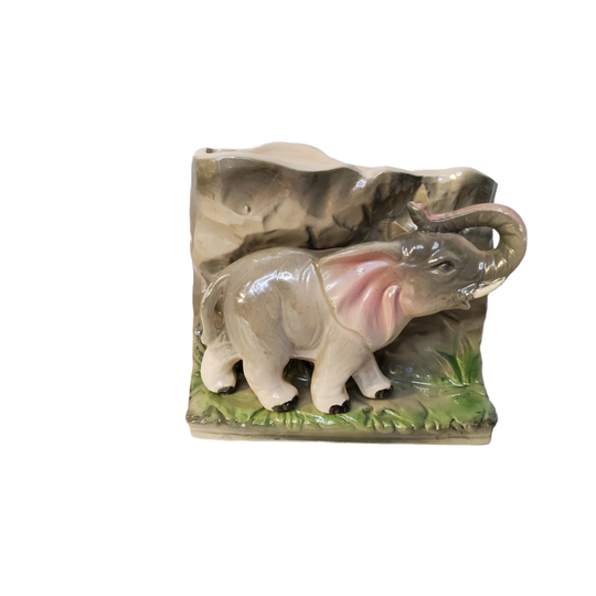 Vintage Ceramic Good Luck Trunk Up Elephant Planter, Pen Or Small Item Organizer