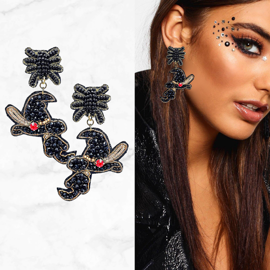 Witch Hat Broom Spider Rhinestone Seed Bead Halloween Gift Statement Earrings