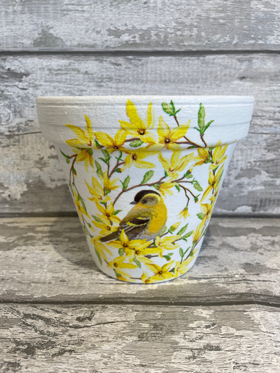 Yellow Bird Plant Pot For Inside Or Out Decoupaged, Hedgehog Gifts , Garden