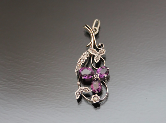 Edwardian Amethyst Seed Pearls Floral Pendant. 900 Silver
