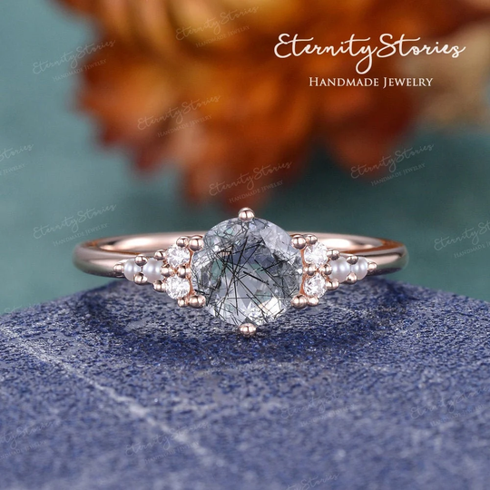Salt & Pepper Crystal Engagement Rings Black Rutilated Quartz Ring Women Unique Pearl Cluster Vintage Rose Gold Promise Crown