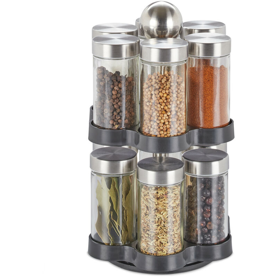Spice Rack, 12 Glass Jars, Rotatable, Stainless Steel, h x d: approx. 25.5 x 14 cm, Silver/Black - Relaxdays