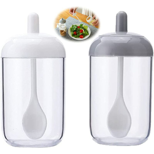 Devenirriche - 2 Pieces Seasoning Box Set, Transparent Spice Jar, Kitchen Spice Case, Plastic Spice Jars with Lid and Spoon for Sugar, Salt, Pepper,